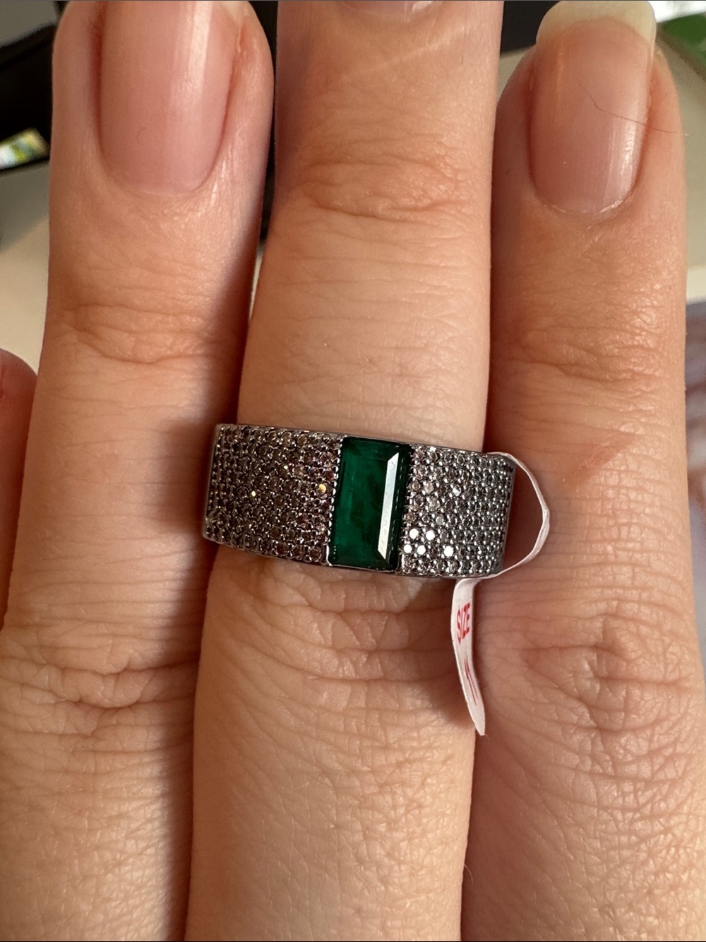 Bomb Party Emerald-Center Silver Pavé Ring - Women Jewelry